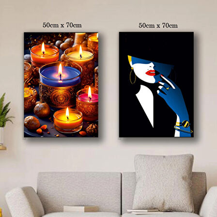 kadın gölgesi ve mumlar romantik kanvas tuval tablo resim 2 adet 50x70 HD baskı