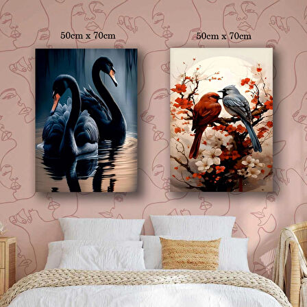 siyah kuğu daldaki kuş kanvas tuval tablo resim 2 adet 50x70 HD baskı