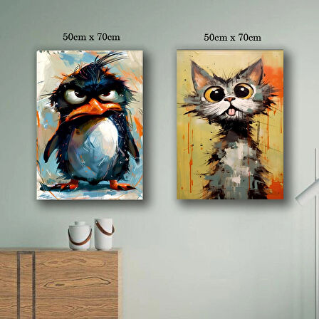 penguen ve kedi kanvas tuval tablo resim 2 adet 50x70 HD baskı