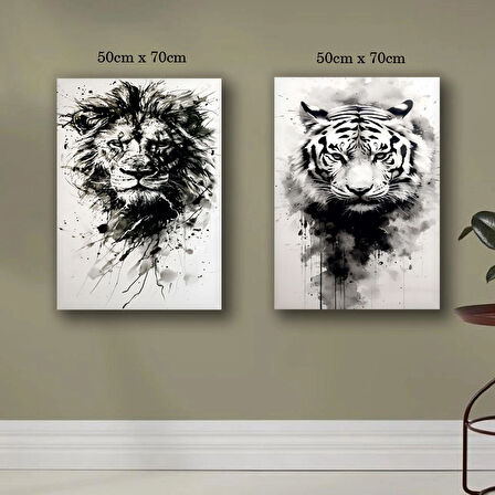 aslan ve kaplan kanvas tuval tablo resim 2 adet 50x70 HD baskı