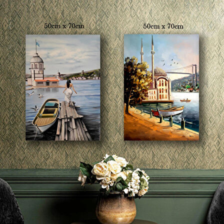 kız kulesi tekne cami istanbul kanvas tuval tablo resim 2 adet 50x70 HD baskı