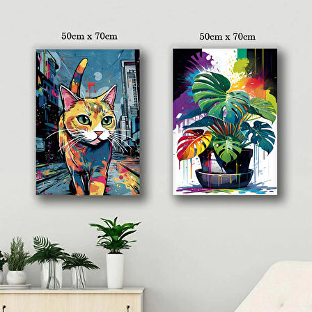 kedi ve saksıda çiçek kanvas tuval tablo resim 2 adet 50x70 HD baskı