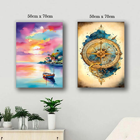gün batımı tekne deniz pusula kanvas tuval tablo resim 2 adet 50x70 HD baskı