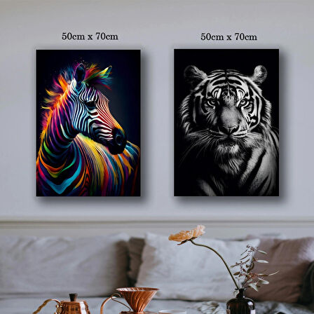renkli zebra kaplan hayvanlar kanvas tuval tablo resim 2 adet 50x70 HD baskı