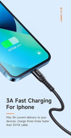 CA-2261 İphone Hızlı Data-Şarj Kablo 3A 1Mt - Siyah