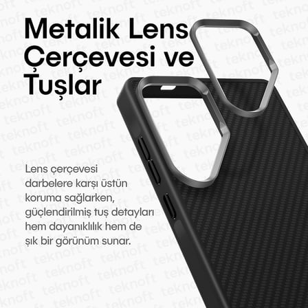 Samsung Galaxy S25 Ultra için Karbon Serisi Ultra Güçlü Metal Tuşlu ve Lens Çerçeveli Darbe Emici Karbon Fiber Görünümlü Silikon Kılıf (Siyah, Galaxy S25 Ultra)