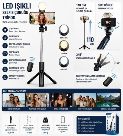 Yolans G4 LED Işıklı Selfie Çubuğu Tripod, 113 cm Uzayabilen Bluetooth Kumandalı Selfie Stick, 3 Işık Modlu Beyaz, Sarı, Gün Işığı, 360 Telefon Tripodu, Vlog Çekim Aparatı, Android ve iOS Uyumludur