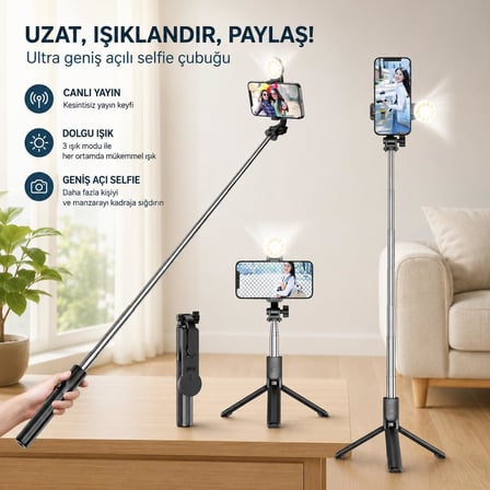 Yolans G4 LED Işıklı Selfie Çubuğu Tripod, 113 cm Uzayabilen Bluetooth Kumandalı Selfie Stick, 3 Işık Modlu Beyaz, Sarı, Gün Işığı, 360 Telefon Tripodu, Vlog Çekim Aparatı, Android ve iOS Uyumludur