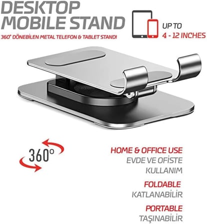 Telefon Standı Çok Yönlü 360° Dönebilen Metal Gövdeli Ayarlanabilir ve Katlanabilir Masa Üstü Kullanımı İçin Tüm Telefonlara Uyumlu