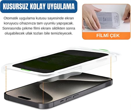 iPhone 17 Pro Max ile Uyumlu Gizlilik Filtreli Darbelere Karşı Maksimum Koruma Sağlayan ve Kolay Uygulama Aparatlı Toz Bırakmayan Hayalet Cam (iPhone 17 Pro Max)