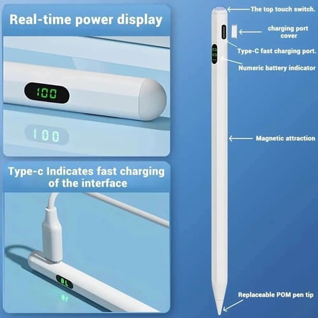 Universal Dokunmatik Stylus Kalem LED Göstergeli Manyetik Gövdeli Type-C Şarjlı Hassas Uçlu Çizim ve Not Alma Kalemi Tüm Touchscreen Cihazlarla iPad ile Uyumlu | ZR61 (Siyah)