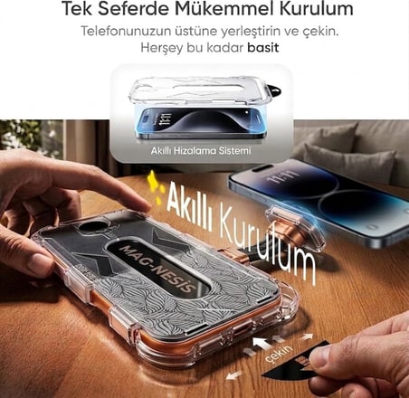 iPhone 15 İle Uyumlu Ekran Koruyucu Hizalama Aparatlı Toz Bırakmayan Temperli Kırılmaz Cam Koruma MagicBox