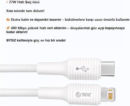 iPhone 27W USB C To Lightning Hızlı şarj ve Data Kablosu (1m) iPhone Hızlı Şarj Kablosu 14/13/12/12 Pro Max/11/Xs Max/XR/X,AirPods Pro Uyumlu Bydiz RMX-480