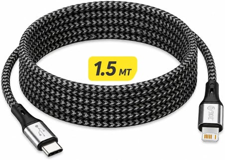 ByDiz Premium Örgülü USB-C - Lightning 1,5 m 27W Hızlı Şarj Kablosu, iPhone 14/13/12/11, iPad, AirPods Uyumlu, Siyah
