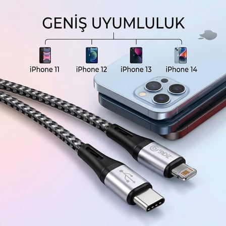 ByDiz Premium Örgülü USB-C - Lightning 1,5 m 27W Hızlı Şarj Kablosu, iPhone 14/13/12/11, iPad, AirPods Uyumlu, Siyah