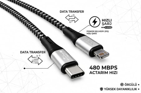 ByDiz Premium Örgülü USB-C - Lightning 1,5 m 27W Hızlı Şarj Kablosu, iPhone 14/13/12/11, iPad, AirPods Uyumlu, Siyah