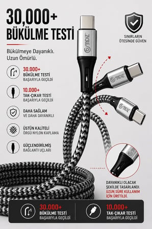 ByDiz Premium Örgülü USB-C - Lightning 1,5 m 27W Hızlı Şarj Kablosu, iPhone 14/13/12/11, iPad, AirPods Uyumlu, Siyah