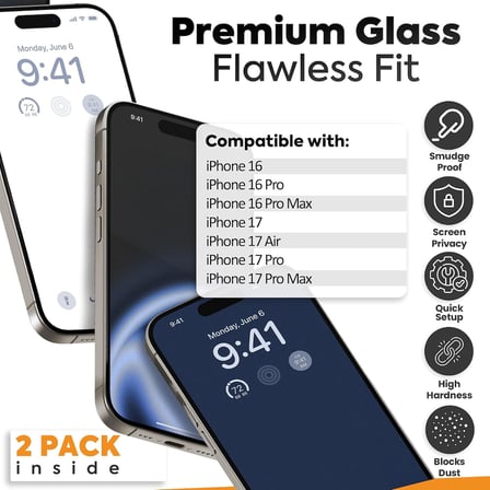 iPhone 16 Pro Uyumlu Ekran Koruyucu - 9H Temperli Cam, Gizlilik Filtreli, 2’li Paket