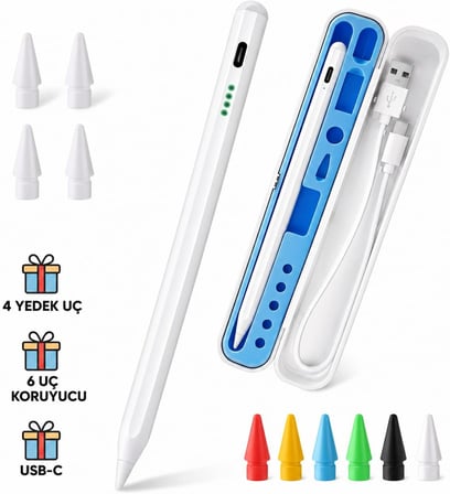 iPad Kalem, Apple Pencil Alternatifi, USB-C Hızlı Şarj, Palm Rejection, iPad Pencil, iPad 6-11 / Air 3-7 / Mini 5-7 / Pro Uyumlu, 4 Yedek Uç ve 6 Uç Koruyucu Dahil