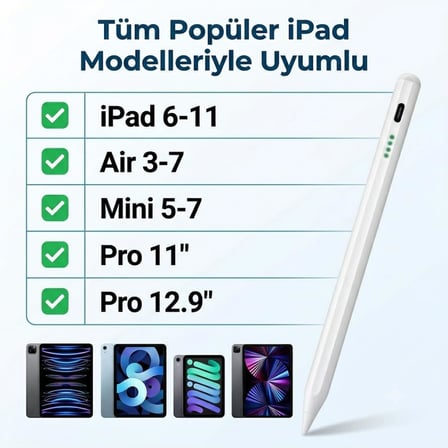 iPad Kalem, Apple Pencil Alternatifi, USB-C Hızlı Şarj, Palm Rejection, iPad Pencil, iPad 6-11 / Air 3-7 / Mini 5-7 / Pro Uyumlu, 4 Yedek Uç ve 6 Uç Koruyucu Dahil
