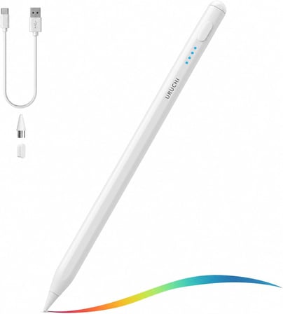 Aktif Stylus Kalem, iPad, iPhone ve Android Tabletler ile Uyumlu, 4 LED Işıklı Pil Göstergesi, USB-C Şarjlı, Bluetooth Gerektirmez, Hassas Kapasitif Dokunmatik Kalem, Beyaz
