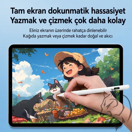 Aktif Stylus Kalem, iPad, iPhone ve Android Tabletler ile Uyumlu, 4 LED Işıklı Pil Göstergesi, USB-C Şarjlı, Bluetooth Gerektirmez, Hassas Kapasitif Dokunmatik Kalem, Beyaz