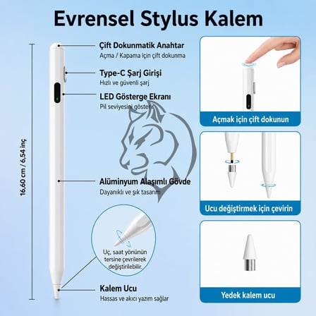Aktif Stylus Kalem, iPad, iPhone ve Android Tabletler ile Uyumlu, 4 LED Işıklı Pil Göstergesi, USB-C Şarjlı, Bluetooth Gerektirmez, Hassas Kapasitif Dokunmatik Kalem, Beyaz