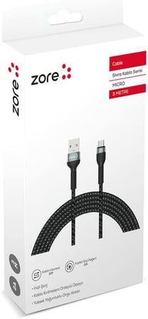 Zore Shira Serisi Micro USB Kablo 3m Siyah