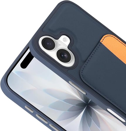 Apple iPhone 16 ile Uyumlu Kılıf Silikon Deri Görünümlü Cüzdan Kartlıklı Darbe Korumalı Yeni Tarz Kapak Lacivert