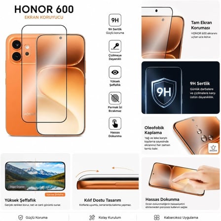 Honor 600/600 Pro ile Uyumlu 9H Temperli Full Ekran Antistatic Çerçeveli Ekran Koruyucu CamHonor 600/600 Pro için Ekran Koruma Camı Diamond Glass