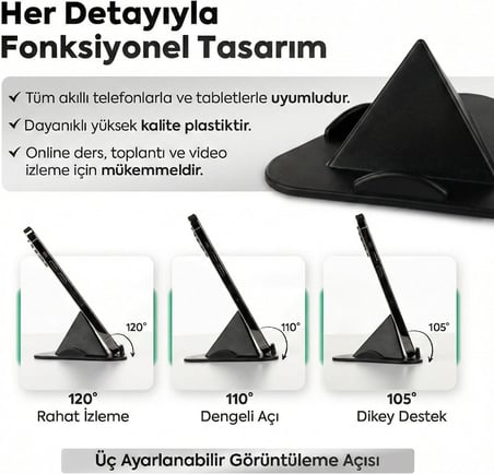 Siyah Telefon Standı, Masaüstü Telefon Tutucu, 3 Açılı Piramit Tasarım