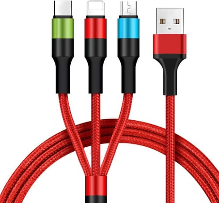 3 in 1 Hızlı Şarj Kablosu, Örgülü 1.2m Kırmızı, Lightning, Type-C, Micro USB, 3A Güçlü Dayanıklı Kablo, iOS ve Android Uyumlu