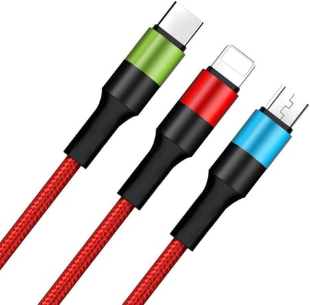 3 in 1 Hızlı Şarj Kablosu, Örgülü 1.2m Kırmızı, Lightning, Type-C, Micro USB, 3A Güçlü Dayanıklı Kablo, iOS ve Android Uyumlu