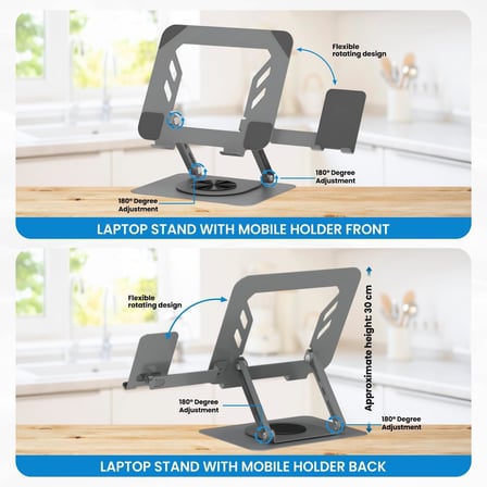 360 Derece Döner Laptop Standı Telefon Tutuculu, Ayarlanabilir Katlanabilir Notebook Yükseltici, 10-15.6 İnç Laptop ile Uyumlu Masaüstü Alüminyum Stand | L189-C