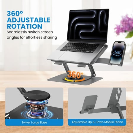360 Derece Döner Laptop Standı Telefon Tutuculu, Ayarlanabilir Katlanabilir Notebook Yükseltici, 10-15.6 İnç Laptop ile Uyumlu Masaüstü Alüminyum Stand | L189-C
