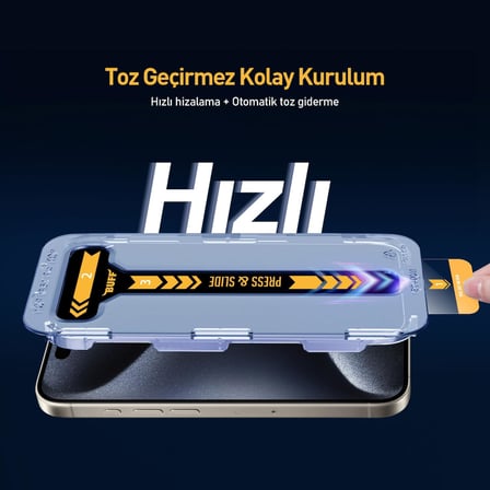 Buff, iPhone 15 Serisi ile Uyumlu 5D EasyFit 2 Adet Kolay Uygulama Aparatlı Ekran Koruyucu Temperli Cam, iPhone 15 Pro, Şeffaf