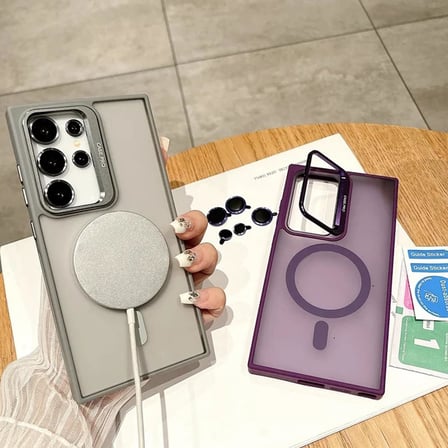 Samsung Galaxy S23 Ultra ile uyumlu Kamera Lens Aparatlı Stand Olabilen Magsafe ile uyumlu Kamera Korumalı Şeffaf Full Color Magnetic Wireless Telefon Kılıfı (Gri, Galaxy S23 Ultra)