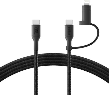 2-in-1 Charging Cable with USB-C & Lightning Connector - Braided Fast-Charging Cable, USB-C to USB-C & Lightning Charger Cord, Multi-Charging Combo for Apple iPhone, iPad, Samsung, More - Black