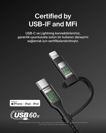 2-in-1 Charging Cable with USB-C & Lightning Connector - Braided Fast-Charging Cable, USB-C to USB-C & Lightning Charger Cord, Multi-Charging Combo for Apple iPhone, iPad, Samsung, More - Black