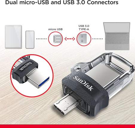 256GB Ultra Çift Sürücü m3.0 USB 3.0 Flash Sürücü, Tersinir Mikro USB ve USB Type-A Konnektörleri ile, Android Akıllı Telefonlar, Tabletler ve Bilgisayarlar için, Siyah-Gümüş-Şeffaf