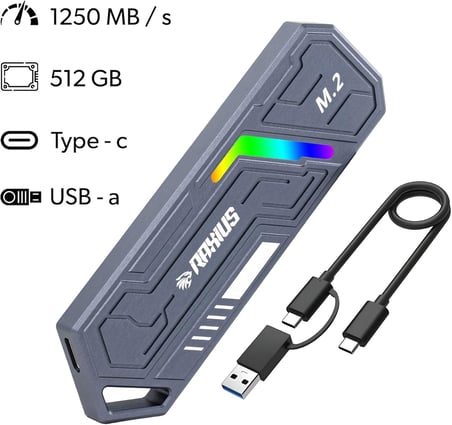 RaXius DK03 USB-A/Type-C Kablolu RGB 22x80 M.2 NVMe Taşınabilir Harici SSD (Boş Kutu)