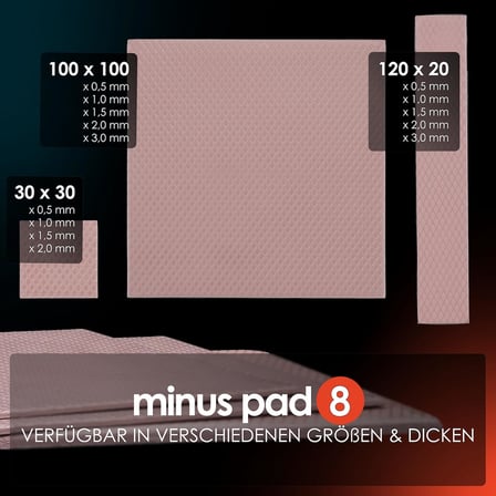Minus Pad 8 (100 x 100 x 1,5 mm) – elektrikli, iletken olmayan ısı iletim pedi, yüksek ısı iletkenliği ve sıkıştırılabilirlik, SSD'ler, GPU'lar, konsollar ve elektronik cihazlar için
