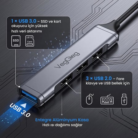 4 Portlu USB-A to USB 3.0 + 3*USB 2.0 Çoklayıcı Dönüştürücü USB Hub