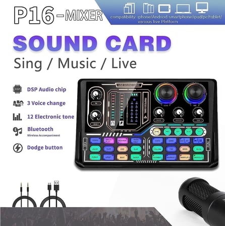 Ses Kartı Youtube Kick Podcast ve Yayıncı, Ses Kartı, DJ Mikser, Taşınabilir Podcast Prodüksiyon Stüdyosu, Canlı Yayın, Kayıt, Oyun için Kondenser Ses Kartlı Mikrofon Mikseri P16-KD8