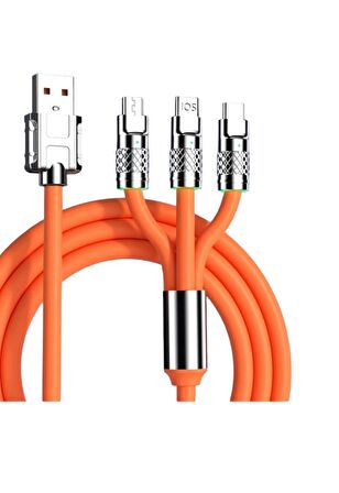 120W 6A 2 Metre 3in1 Type C -Micro Usb-Lightning Hızlı Şarj ve Data Kablosu Turuncu 