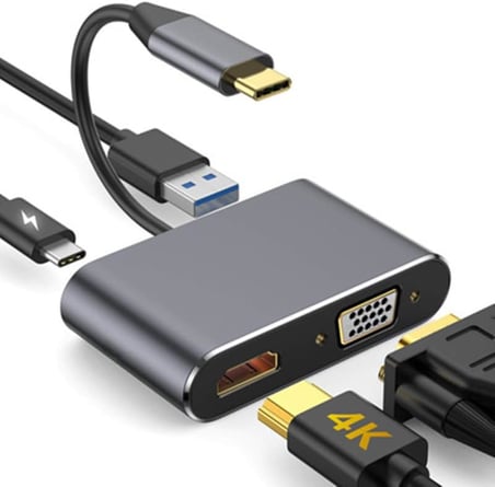 8053 4İN1 USB C HDMI VGA adaptörü, USB C hub, 4K HDMI, 1080P VGA, USB 3.0, USB C PD şarj, Bütün Marka Modellere Uyumlu
