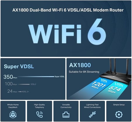 Archer VX1800v, AX1800 Mbps Çift Bantlı Fiber Destekli Wi-Fi 6 VDSL/ADSL Modem Router, 4 Gigabit LAN Portları + 1 USB 2.0 Port, MU-MIMO, Super VDSL, Tether Uygulaması ile Kolay Kurulum