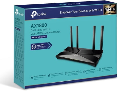 Archer VX1800v, AX1800 Mbps Çift Bantlı Fiber Destekli Wi-Fi 6 VDSL/ADSL Modem Router, 4 Gigabit LAN Portları + 1 USB 2.0 Port, MU-MIMO, Super VDSL, Tether Uygulaması ile Kolay Kurulum