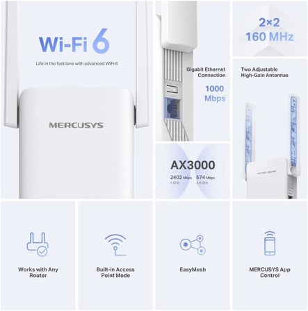 Mercusys ME80X, AX3000 Mbps, 1 Gigabit Bağlantı Noktası ve 2 Harici Anten, Dahili Access Point Modu, Tek Tuşla Kolay Kurulum, Mobil Uygulama Desteği, Dual-Band Wi-Fi 6 Menzil Genişletici