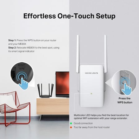 Mercusys ME80X, AX3000 Mbps, 1 Gigabit Bağlantı Noktası ve 2 Harici Anten, Dahili Access Point Modu, Tek Tuşla Kolay Kurulum, Mobil Uygulama Desteği, Dual-Band Wi-Fi 6 Menzil Genişletici